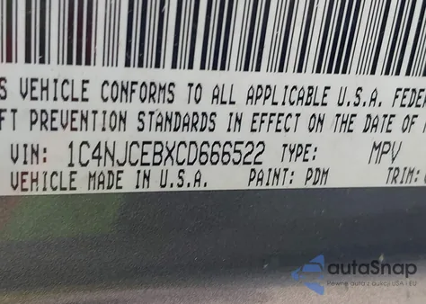 2012 Jeep Compass Latitude z USA, uszkodzony, nr VIN 1C4NJCEBXCD666522